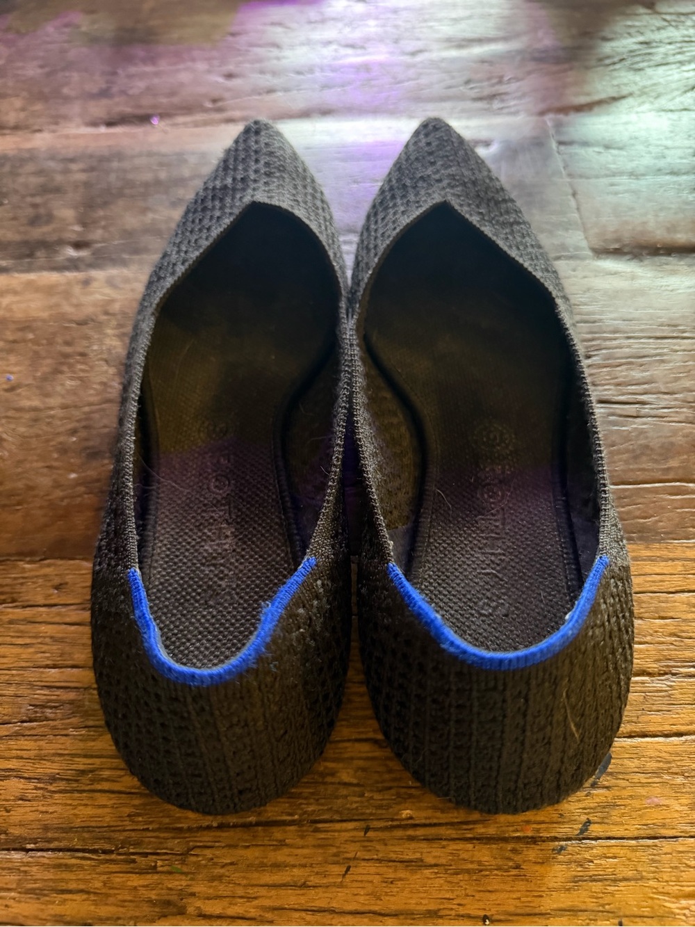 Rothy's Black Knit Pointed Flats with Blue Trim